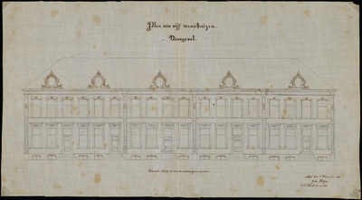 657 Een bouwtekening voor de bouw van vijf woonhuizen, Stationsstraat 32 t/m 34. De tekening toont de voorgevel van de ...