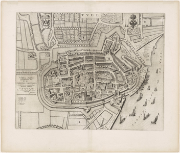 667 Een plattegrond van Tiel, met linksonder een legenda van enkele belangrijke gebouwen in de stad. Links- en ...