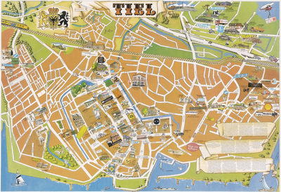 674 Een plattegrond in kleur van de Tielse binnenstad met daarop met plaatjes aangegeven de panden van de ...