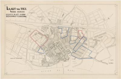 676 Een plattegrond van Tiel, bedoeld in artikel 10 der bebouwingsverordening. Op de kaart zijn de gemeente grenzen ...