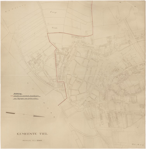 691 Een plattegrond van Tiel met daarop ingetekend de loop van de kabel voor interlokale stroomlevering van Nijmegen ...