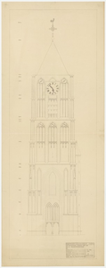 725 Een tekening van de westzijde van de Nederlands-hervormde Sint-Maartenstoren in Tiel, 1929