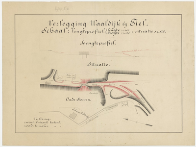 726 Een tekening van de verlegging van de Waaldijk bij Tiel bij de Oude en Nieuwe Haven, met lengteprofiel en ...