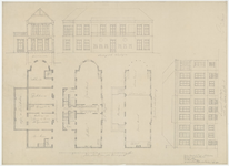 747 Een bouwtekening met het eerste ontwerp van de Buitensociëteit, met plattegronden en gevelaanzichten, 1865