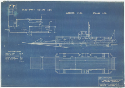 751 Een ontwerp van de Tielse motorveerpont, Tiel-Wamel, met bovenaanzicht en doorsnede tekeningen , [1930]