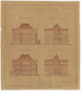 752 Een ingekleurde bouwtekening van de gevels van het burgerweeshuis aan de Achterweg in Tiel, blad 2, 1904