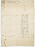 753 Een bouwtekening van de toren van de Nederlands-hervormde Sint-Maartenskerk in Tiel, met een plattegrond van de ...
