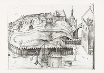 772 Een tekening van het Tolhuis aan de Tolhuiswal en Tolhuisstraat en omgeving, met een letteraanduiding voor ...