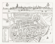 813 Een plattegrond van Tiel met aan de bovenzijde het profiel van de stad vanaf de Waalzijde. Linksonder een naamlijst ...