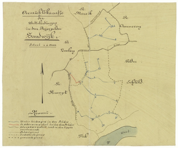 818 Een situatiekaartje van de dorpspolder Zandwijk met de watergangen nodig voor de waterhuishouding van deze polder. ...