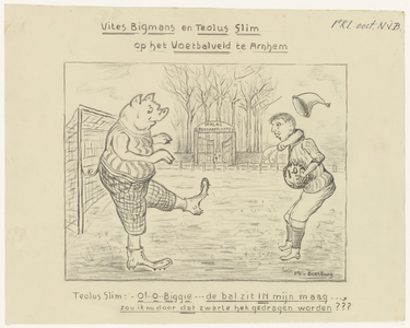 854 Achtste tekening van de 10 potloodtekeningen gemaakt tussen 1910 en 1940 over de voetbalvereniging Theole. De ...