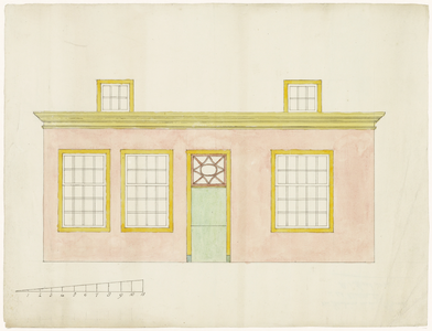 879 Een tekening van de voorgevel van het huisje van Hendrina van den Brink aan het Kerkstraatje in Tiel, , , 1820