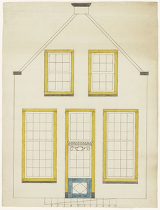 881 Een tekening van de voorgevel van het huisje van Otto van Tiel aan de Voorstad nabij de Zandwijkse Poort, nummer 3 ...