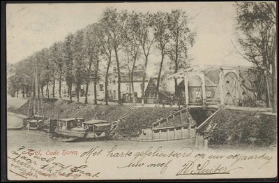 H 8.10 Oude haven met ophaalbrug naar de Nieuwe haven. Kaart verzonden door H. Sluiter uit Tiel naar J. Sluiter in Rotterdam.