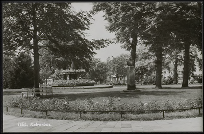 K 4.12 Het Monument M. Tydeman Jr., op console in het plantsoen Kalverbos in Tiel. De boom ter herinnering aan het ...