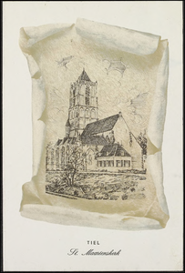 K 15.49 Een gedrukte afbeelding, vermoedelijk een gravure, van de Sint Maartenskerk vanaf de Hucht gezien.Vermoedelijk ...