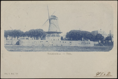 N 2.8 Met zicht op de Tolhuiswal, Molen, Herensociëteit en de Waterpoort.Kaart verzonden door W.T. v. D. uit Tiel naar ...