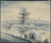 173 Een landschap bij Maurik. Op de voorgrond een veerpont met links een binnenvaartschip, [Veerpont Maurik], 1952