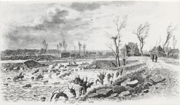 M 10927 Tekening watersnood, bootjes op het water met mensen, op de dijk lopen enkele personen.