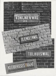 M 4338 Straatnaamborden van de Konijnenwal, Oliemolenwal, Tolhuiswal en Kleibergsestraat