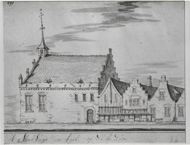 M 4435 Grijsgewassen penseeltekening van het zijaanzicht van het Stadhuis te Tiel. Kunstenaar: J. Stellingwerf. De ...