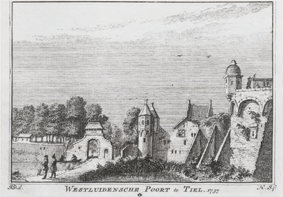 M 4993 Reproductie van een gravure van de Westluidensche Poort. De gravure is gemaakt door de kunstenaars J. de Beyer ...