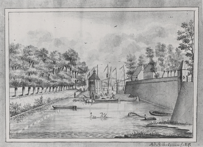697 Een penseeltekening van A.J.M. van Eijnden, 1792. Op de voorgrond de Oude Haven. Geheel links de Havendijk. In het ...