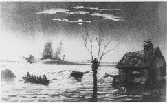 M 7760 Schilderij van een watersnood, mensen in roeiboot, ondergelopen gebied