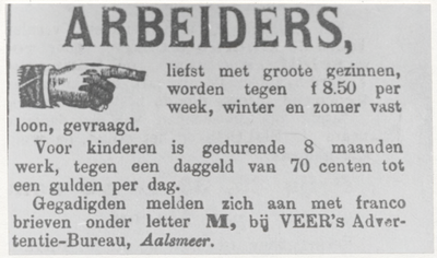 M 8704 Advertentie voor arbeiders bij VEER, Aalsmeer, er worden grote gezinnen gevraagd, verwacht wordt dat ook de ...