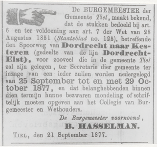 M 9836 Reproductie advertentie inzage stukken gedeelte lijn Dordrecht-Kesteren in Gemeente Tiel. Burgemeester B. Hasselman