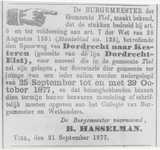 M 9836 Reproductie advertentie inzage stukken gedeelte lijn Dordrecht-Kesteren in Gemeente Tiel. Burgemeester B. Hasselman