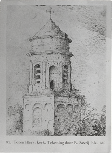 0690-7926 Repro van een tekening, hier de toren van de Herv. Kerk. Tekening door R. Savrij
