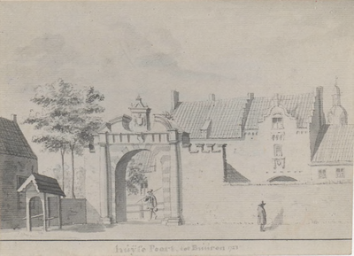 0690-7952 Repro van een tekening uit 1728, met daarop de Huizepoort met rechts de toren van de Kerk