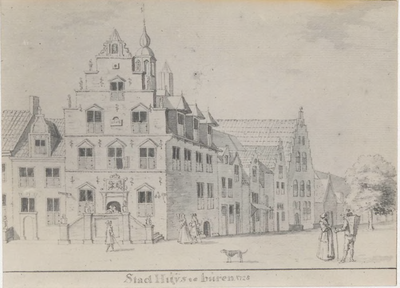 0690-7953 Repro van een tekening uit 1728, met daarop het stadhuis en gezicht in de Rodeheldenstraat. Foto.: n.b