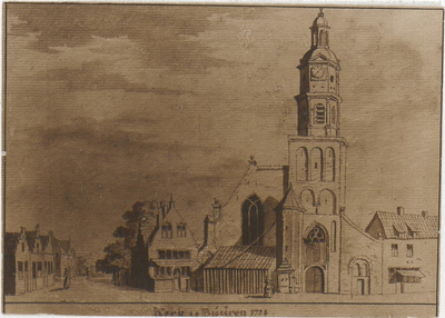 0690-7954 Repro van een tekening uit 1728, met daarop de kerk, kerktoren, de waag en de pomp op het Marktplein