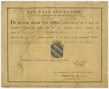 262 Diploma verleend door de Hoge Raad van Adel van het wapen van de gemeente Beusichem