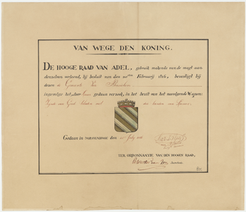 1912 Wapendiploma van het wapen verleend door de Hoge Raad van Adel aan de gemeente Beusichem