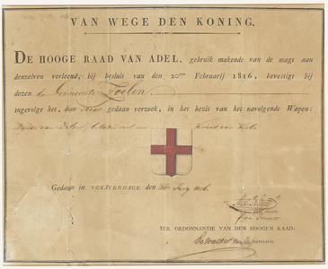 1759 Diploma verleend door de Hoge Raad van Adel van het wapen van de gemeente Zoelen