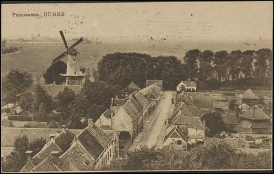 Buren.140 Zicht op Zoetendaal met korenmolen vanaf de toren van de sint Lambertuskerk; luchtfoto