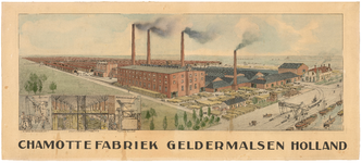 725 Overzichtstekening in vogelvlucht van de fabrieksterreinen en gebouwen en omgeving van de Chamotte-Unie, met ...