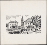 198 Een aanzicht van de stad Buren aan de Tielse zijde met de brug op de voorgrond en de kerktoren op de achtergrond, , ...
