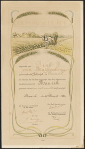703 Getuigschrift van Dirk van Stuijvenberg voor de algemene landbouwcursus te Maurik. Drukwerk en handschrift, met ...