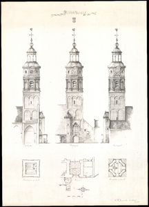 786 Drie aanzichten van de Lambertuskerk, met plattegrond en doorsnede, Toren te Buren, 1960