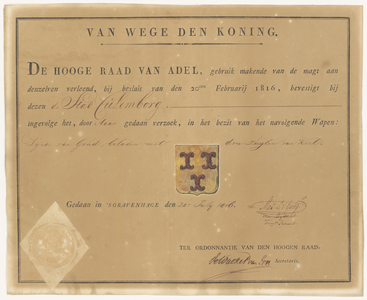 5883 Diploma verleend door de Hoge Raad van Adel van het wapen van de gemeente Culemborg