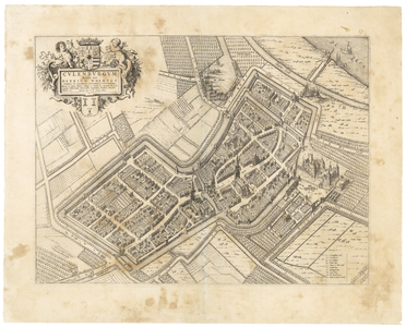 251 Een plattegrond van Culemborg in vogelvlucht met rechtsonder een legenda van alle belangrijke gebouwen in de stad. ...