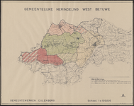 258 Een overzichtskaartje van de West-Betuwe, met de gemeentelijke herindeling. Ingekleurd zijn de gebieden Culemborg, ...