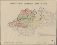 259 Een overzichtskaartje van de West-Betuwe, met de gemeentelijke herindeling. Ingekleurd zijn de gebieden Culemborg, ...