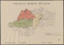 260 Een overzichtskaartje van de West-Betuwe, met de gemeentelijke herindeling. Ingekleurd zijn de gebieden Culemborg, ...