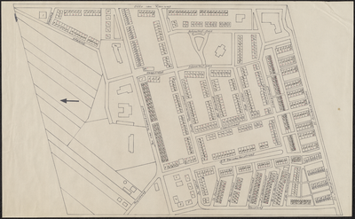 302 Een plattegrond van een deel van de wijk Landzicht in Culemborg met daarop de huizen met huisnummers en ingekleurd ...