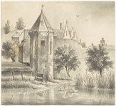 63 Toren in de stadswal van Culemborg met op de achtergrond enkele huisjes, voor in het water twee zwanen, Een oud ...